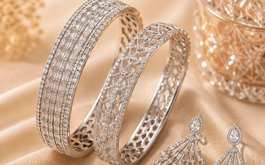 Two wide stone-set bangles and a pair of fan-shaped drop earrings on champagne silk.