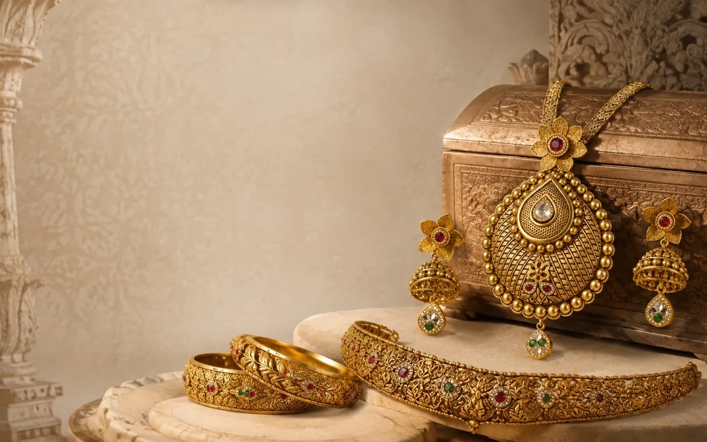 A temple-style pendant with matching jhumkas and a pair of engraved bangles beside a carved wooden box.