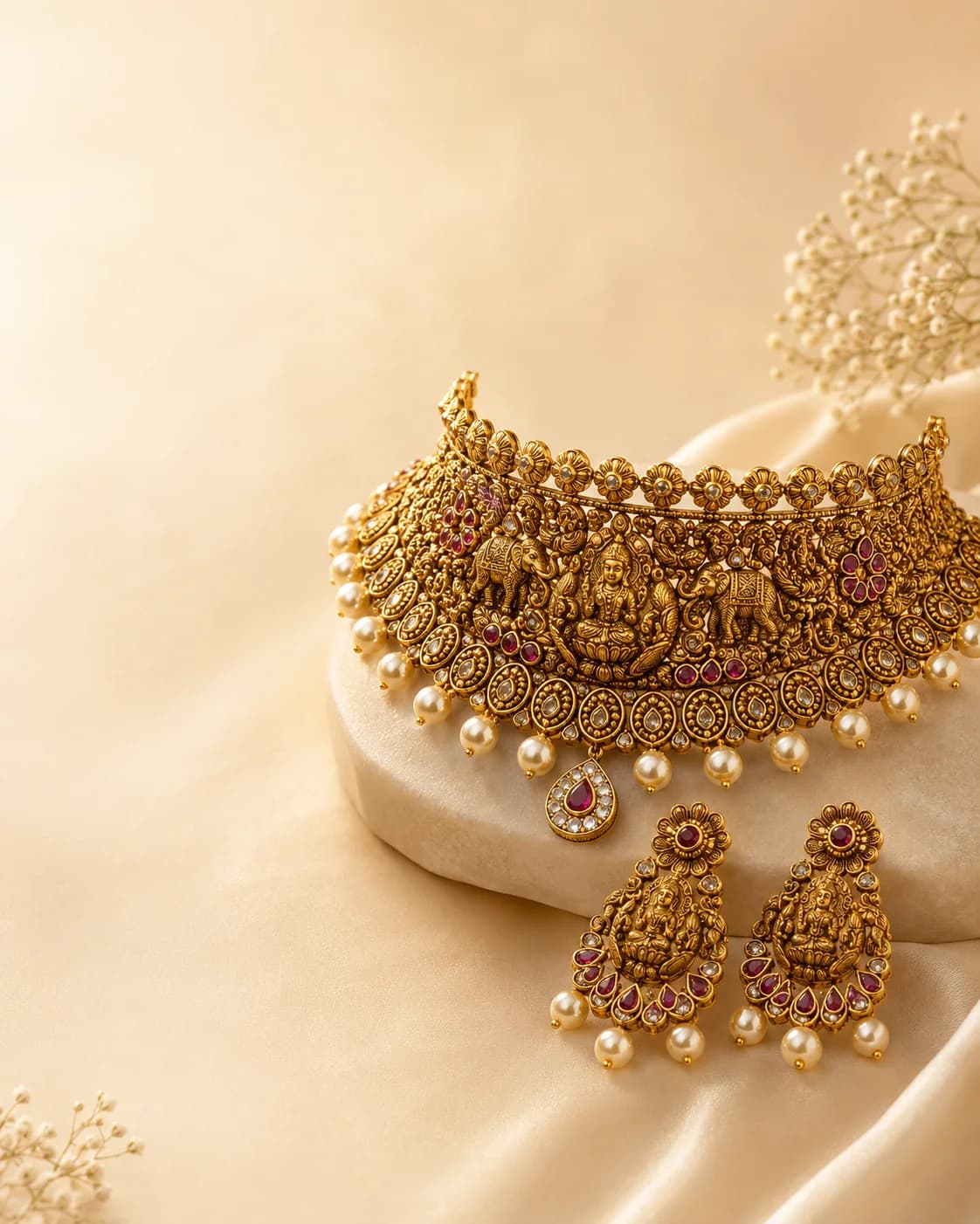 An antique-finish temple choker and matching jhumkas resting on cream silk.