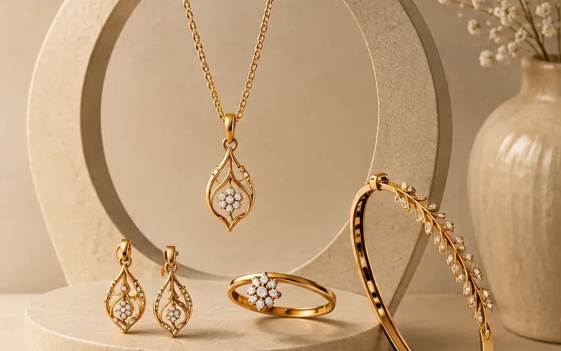 A lightweight gold pendant on a fine chain, matching drop earrings, a slim ring and a thin bangle on a pale plinth.