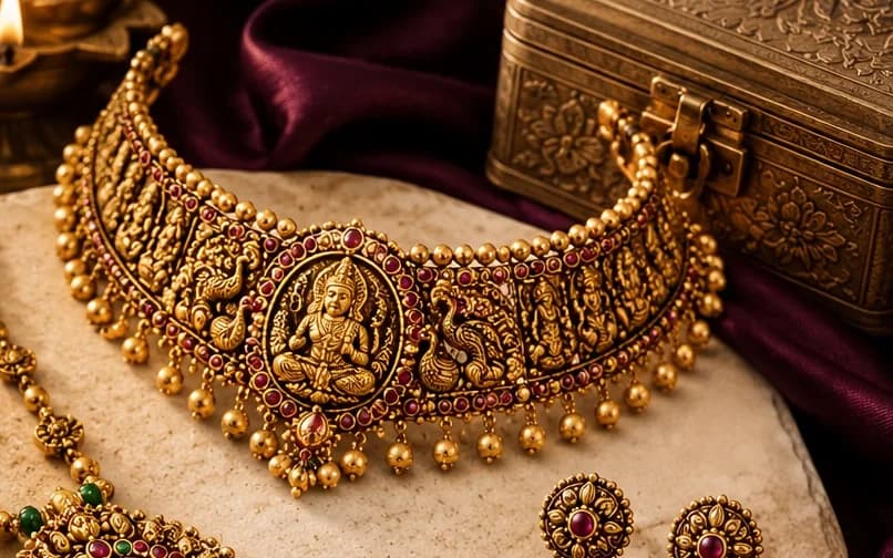 A broad antique-finish temple choker set on a cream cushion beside a carved metal box.